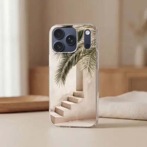 Palmboom - Schaduw - Trap - Beige Telefoonhoesje iPhone 17 Pro klein -sfeer2