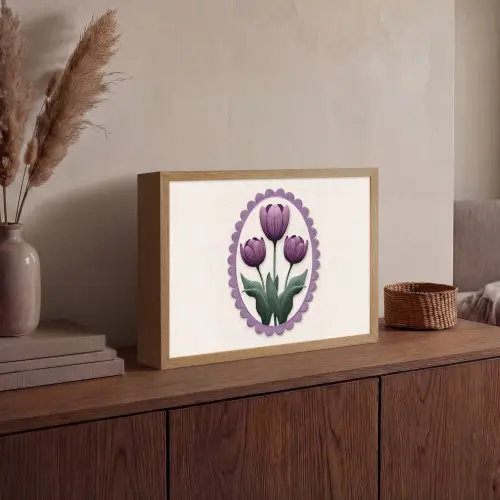 Tulpen - Paars - Lijst - Bladeren Light Box met batterij (Wandlamp) middel -sfeer2