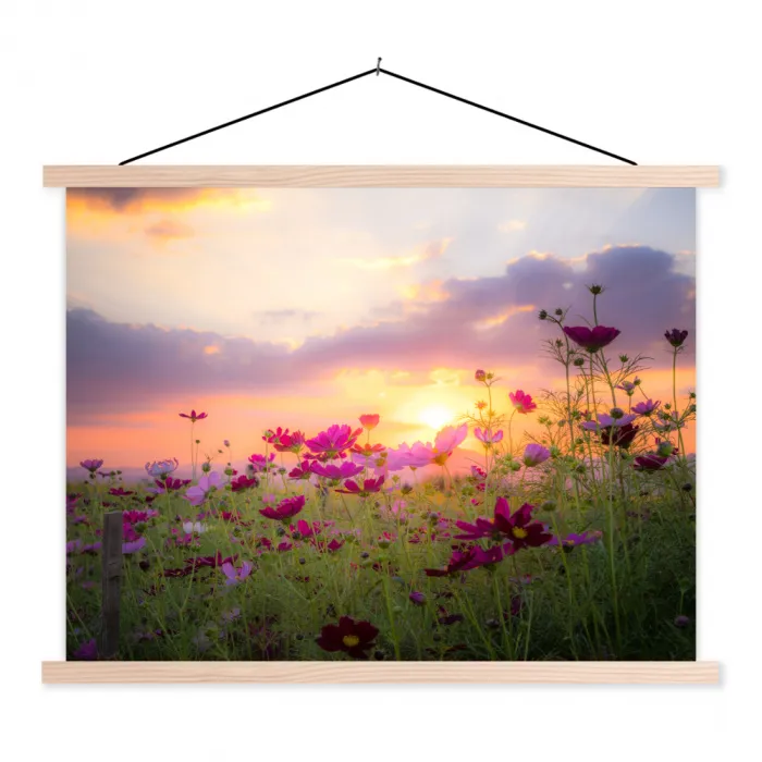 Bloemen - Roze - Zonsondergang - Natuur - Weide - Horizon textielposter latten blank klein -3d