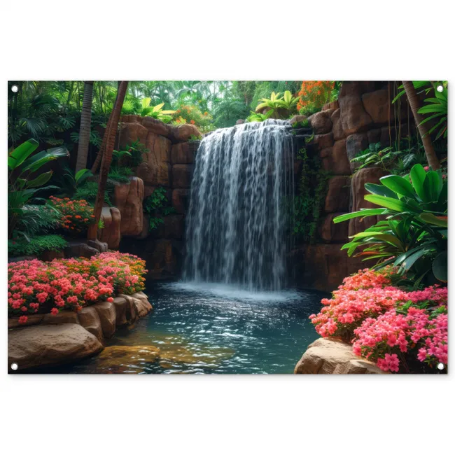 Tuinposter - Tuindoek - Tuinposters buiten - Waterval bij de rotsen