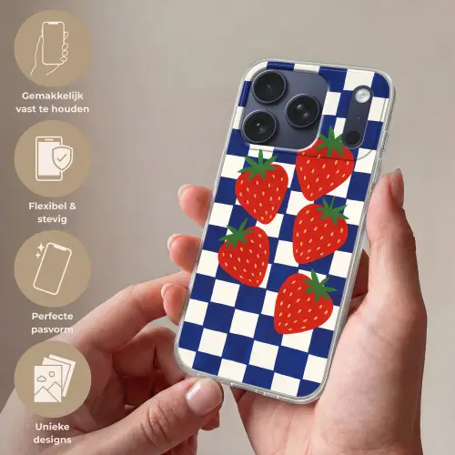 Geblokt - Blauw - Aardbeien Telefoonhoesje iPhone 17 Pro klein -sfeer3_NL