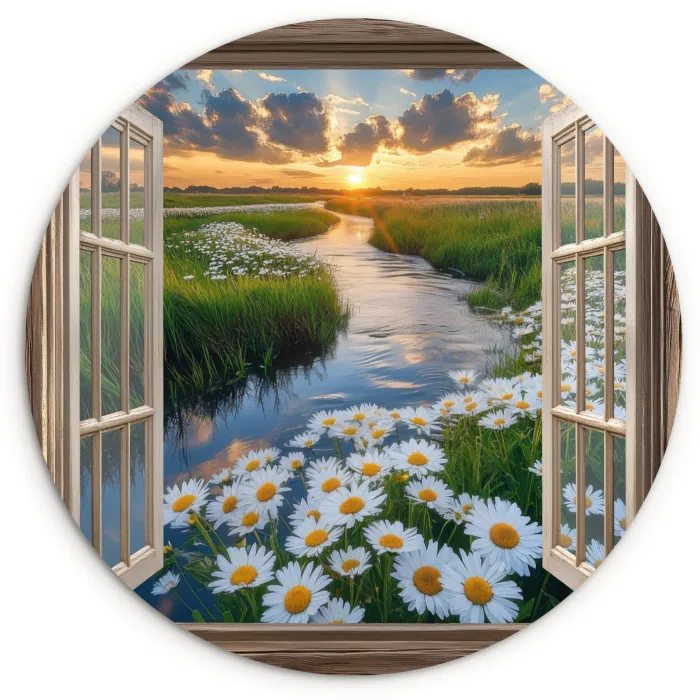 Doorkijk - Landschap - Raam - Water - Zonsondergang Wandcirkel plexiglas klein -3d