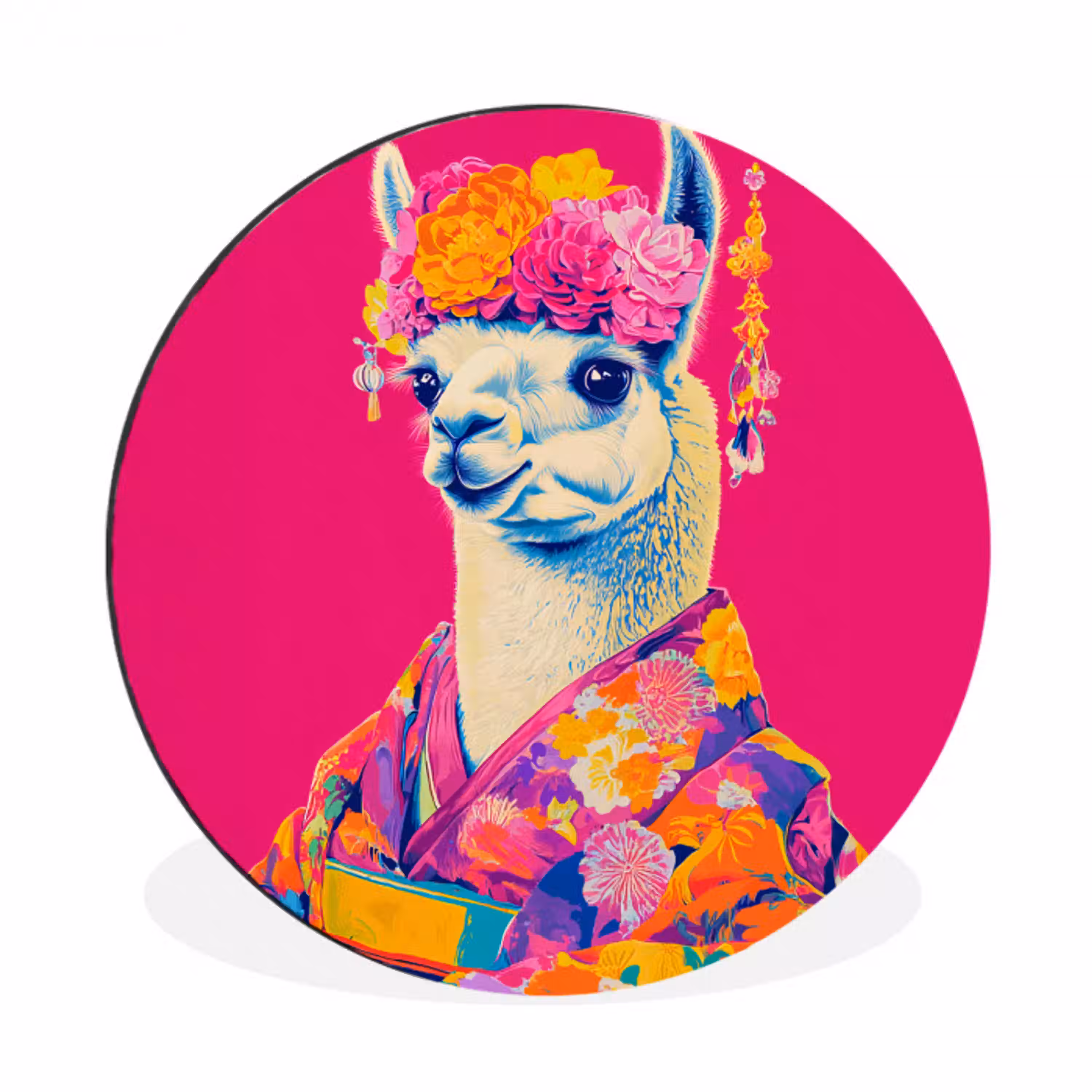 Lama - Kimono - Bloemenkrans - Felroze Wandcirkel aluminium klein -3d
