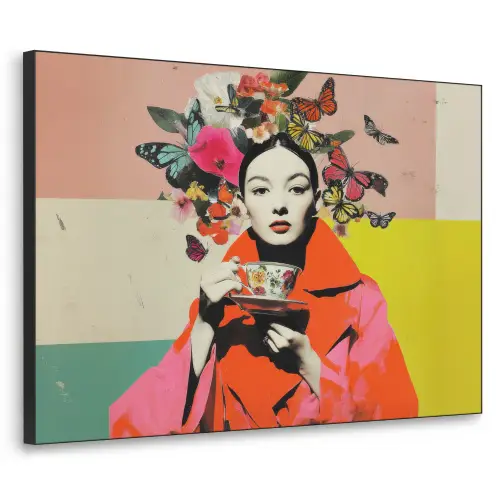 Retro - Vrouw - Kopje - Vlinders Textielframe zwart klein -3d
