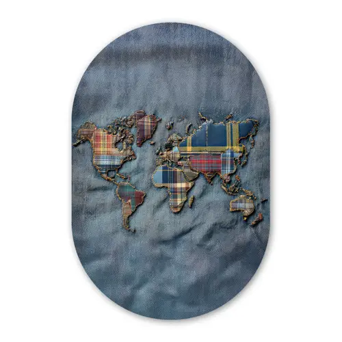 Wereldkaart - Denim - Textiel Wandcirkel Ovaal Glas middel -3d