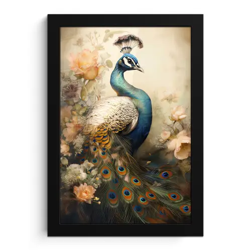 Pauw - Pauwenveren - Bloemen - Vogels - Botanisch fotolijst zwart zonder passe partout klein -3d