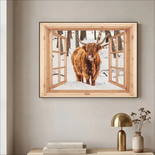 Schotse Hooglander - Winter - Landschap - Natuur - Dieren - Doorkijk Textielframe zwart klein -sfeer2