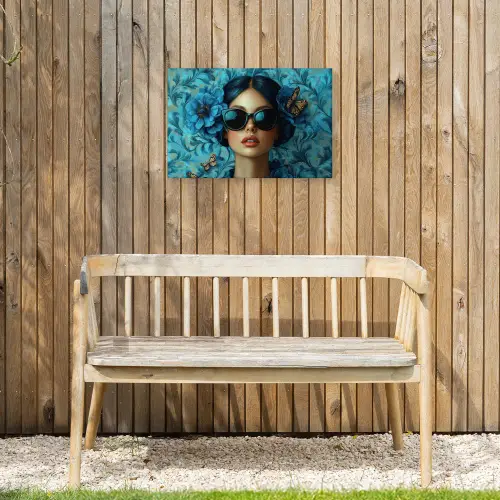 Vrouw - Bloemen - Vlinders - Blauw - Abstract Tuinposter op houten frame 2 cm dik klein -sfeer4