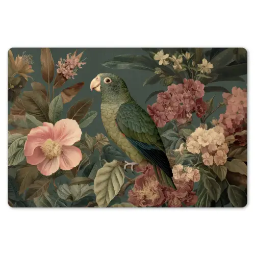 Groene papegaai - Kleurrijke bloemen - Donkere achtergrond Placemat vinyl groot -zzsfeer1_Kitchenyeah-website
