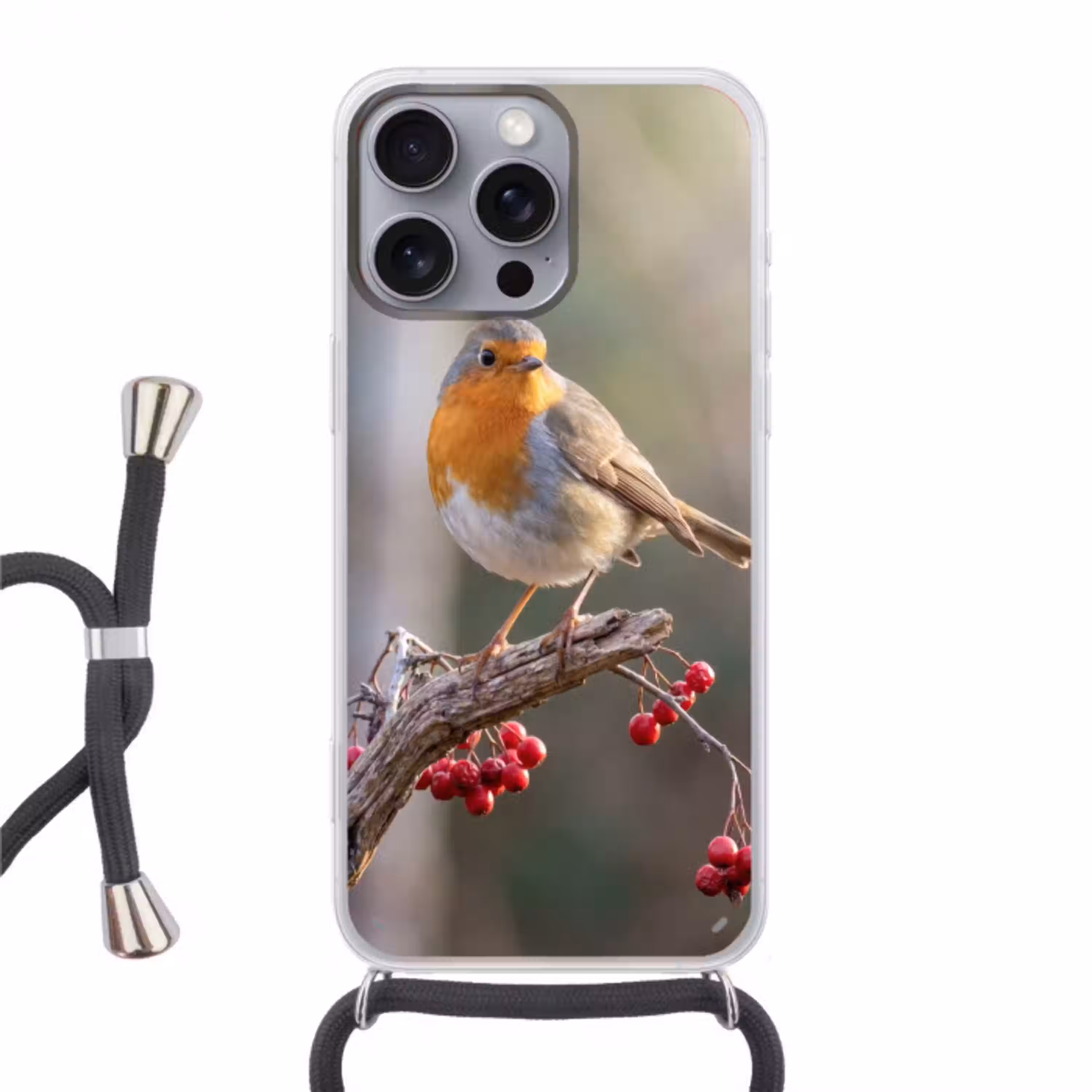 Roodborst - Tak - Bessen - Natuur Hoesje iPhone 16 Pro Max met koord klein -3d