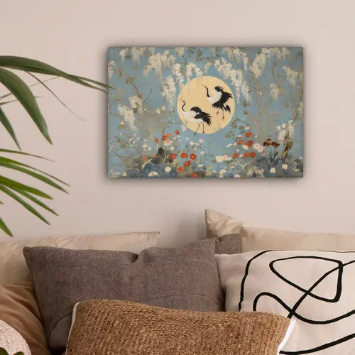Kraanvogels - Maan - Bloemen - Blauw canvas 2cm klein -sfeer1