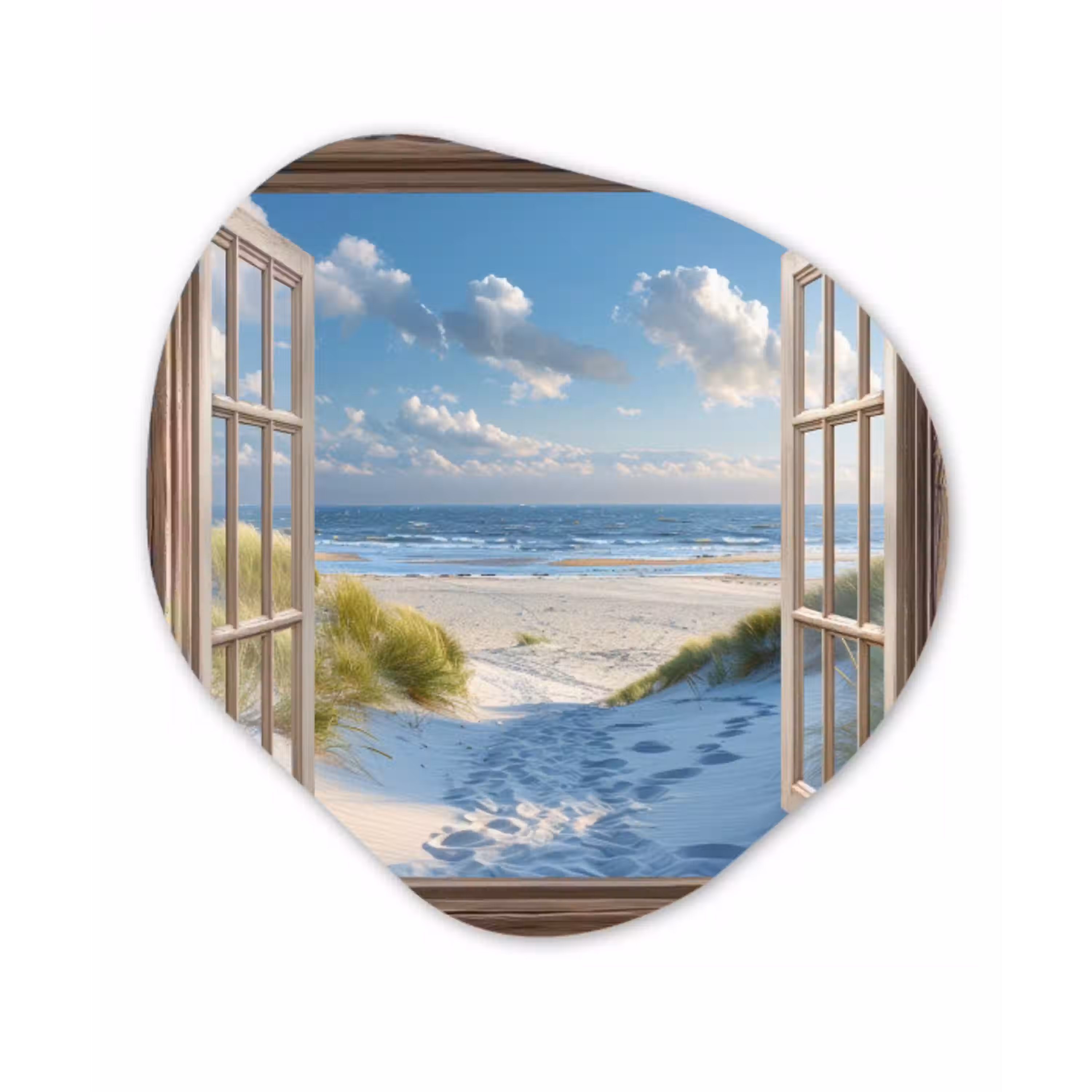 Doorkijk - Strand - Raam - Duinen - Zee Wandcirkel Organisch Aluminium middel -3d