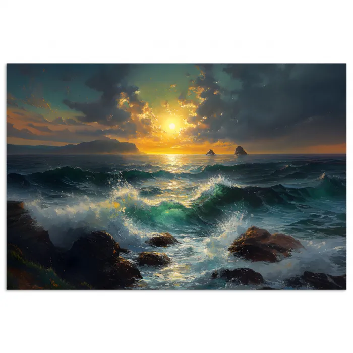 Zee - Zon - Golven - Rotsen poster papier klein -3d