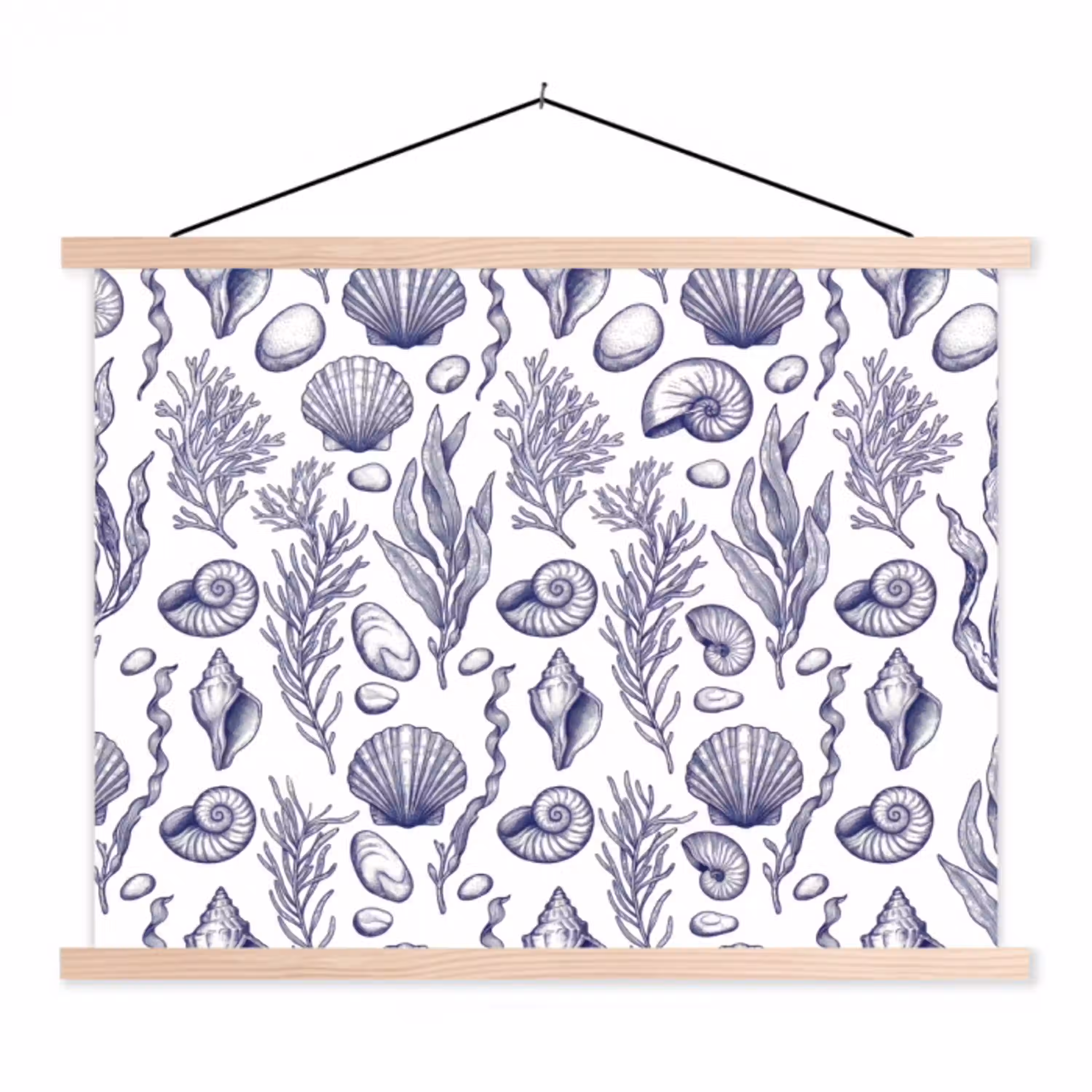 Schelpen - Zeewier - Oceaan - Illustratie - Blauw textielposter latten blank klein -3d