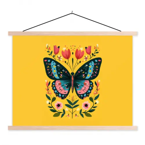 Bloemen - Kleurrijk - Vlinder - Sierlijk textielposter latten blank klein -3d