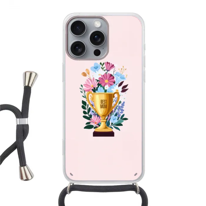 Trofee - Best Mom - Bloemen - Kleurrijk Hoesje iPhone 16 Pro Max met koord klein -3d