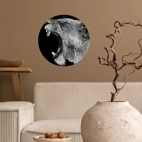 Dieren - Leeuw - Zwart - Wit - Portret Wandcirkel behangsticker klein -sfeer1