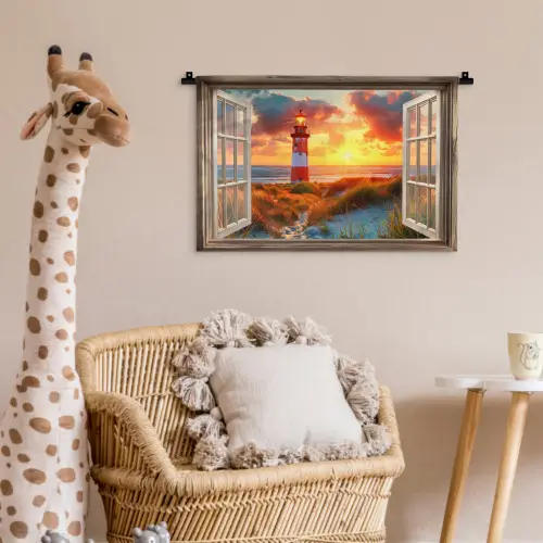 Doorkijk - Raam - Vuurtoren - Zonsondergang - Strand Wandkleed katoen klein -wsfeer5_kind