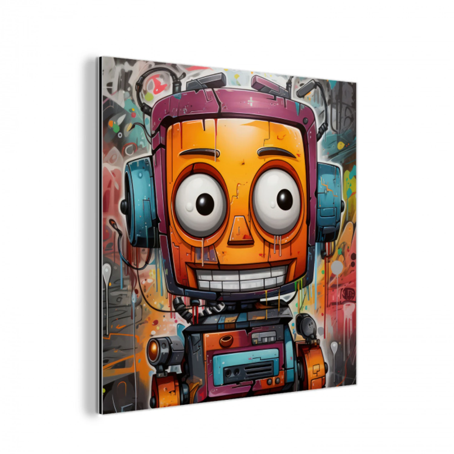 Robot - Graffiti - Oranje - Kleuren aluminium wit klein -3d