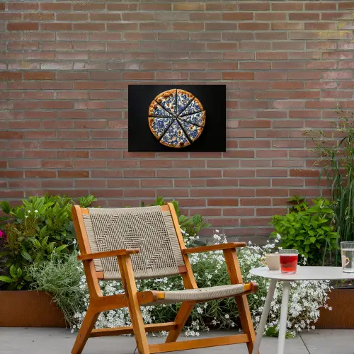 Pizza - Eten - Delftsblauw Tuinposter op houten frame 2 cm dik klein -sfeer3