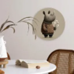 Neushoorn - Witte bloemen - Lief Wandcirkel kunststof plaat 5mm dik klein -sfeer4