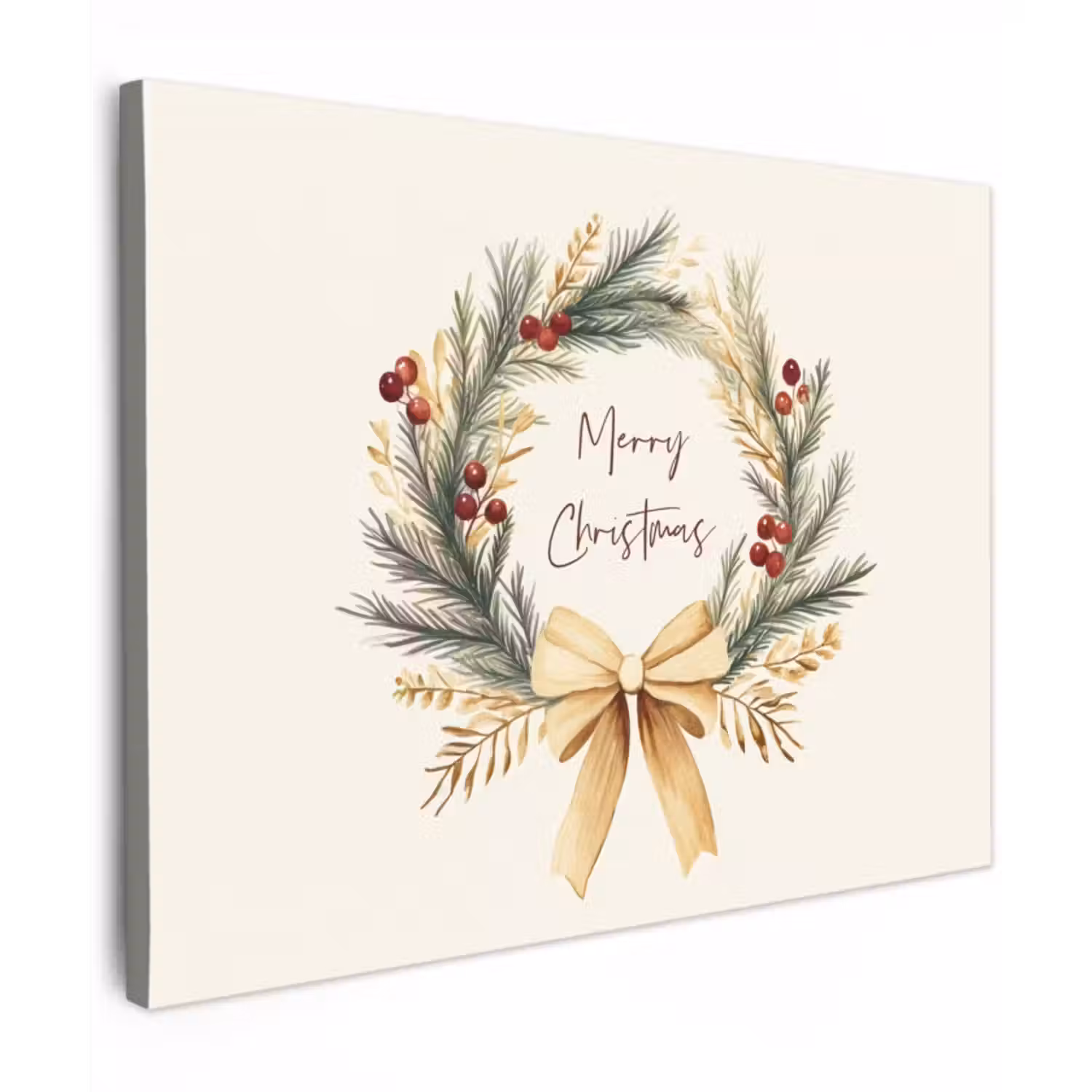 Canvas schilderij - Kerstkrans - Kerst - Goud - Beige