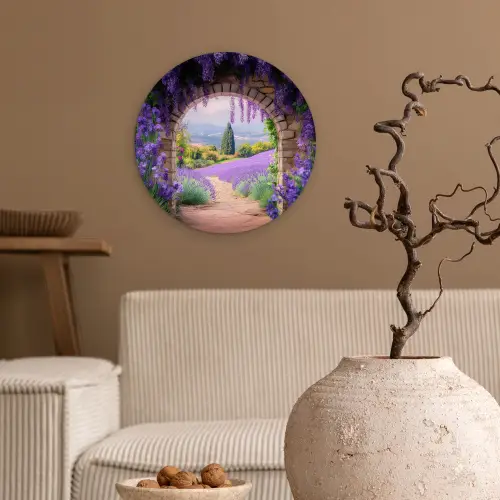 Doorkijk - Lavendel - Bloemen - Paars - Poort Wandcirkel kunststof plaat 5mm dik klein -sfeer1