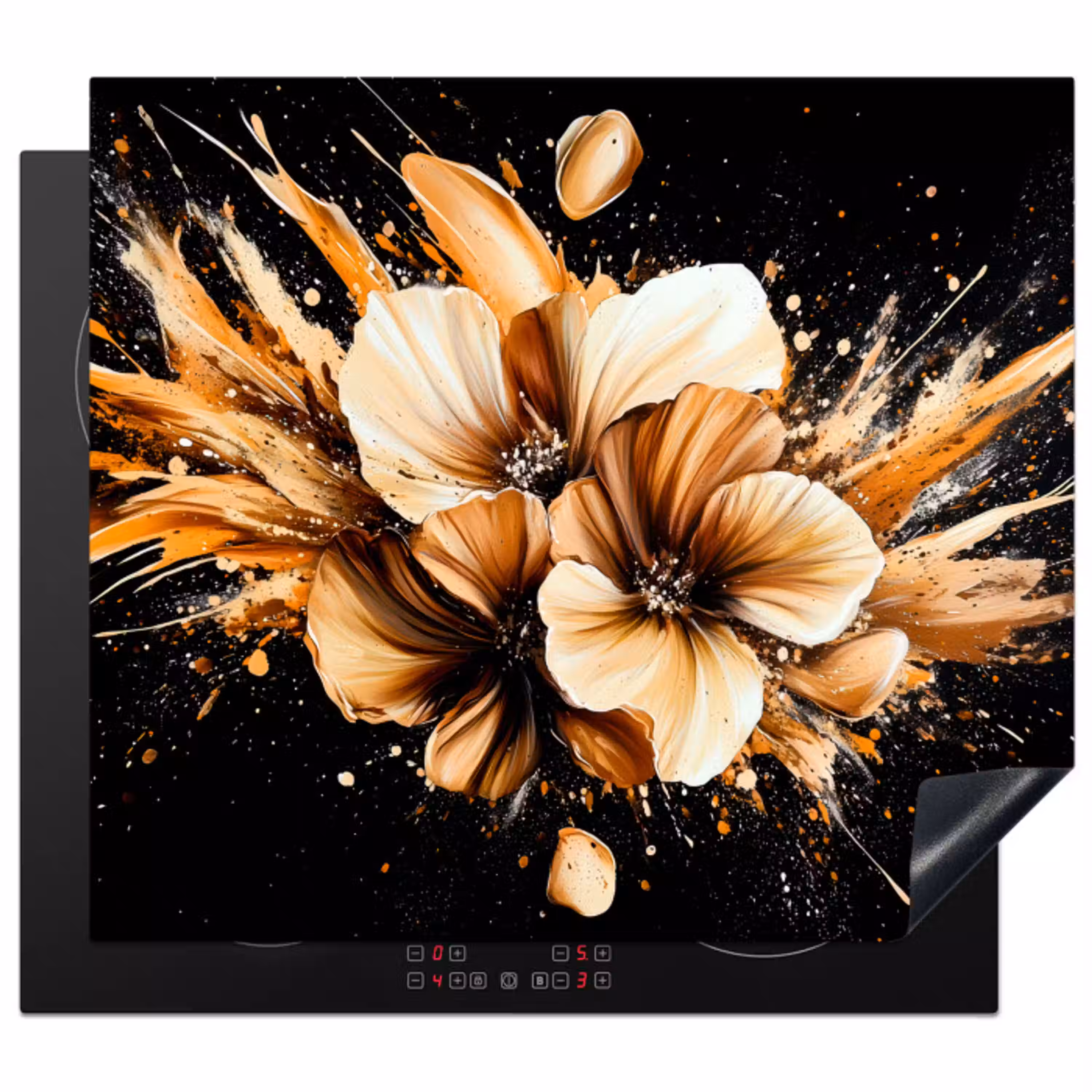 Bloemen - Goud - Graffiti - Zwart - Abstract Inductie beschermer vinyl 3mm middel -3d