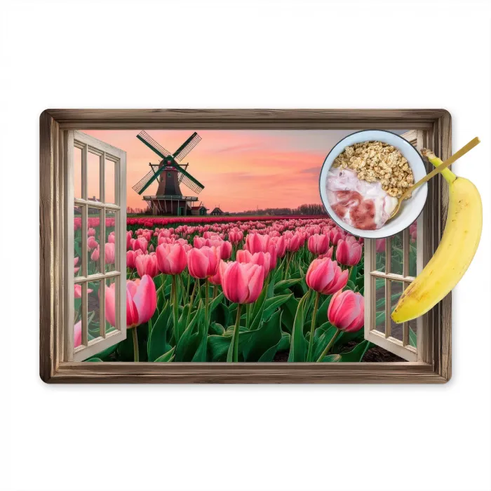 Doorkijk - Tulpen - Bloemen - Molen - Raam Placemat vinyl groot -zzzproduct_Kitchenyeah-website