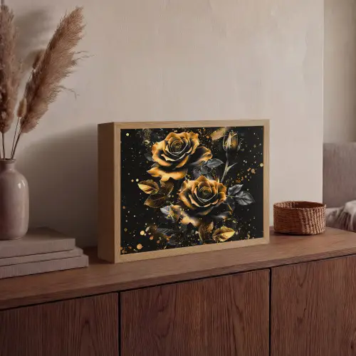 Rozen - Goud - Zwart - Bloemen - Modern Light Box met batterij (Wandlamp) middel -sfeer2
