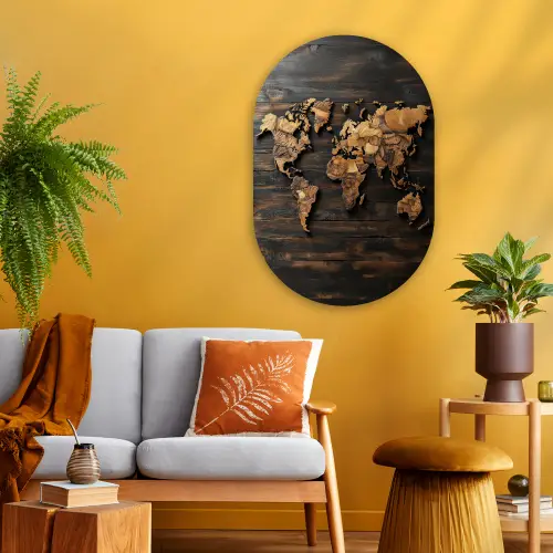 Wereldkaart -  Hout - Mozaïek Wandcirkel Ovaal Glas middel -sfeer4