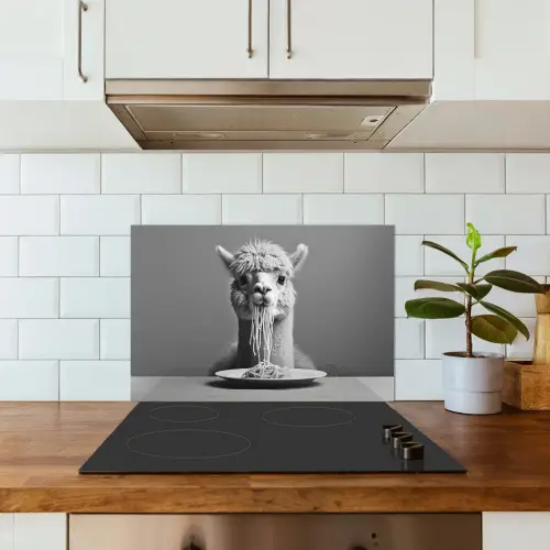 Alpaca - Pasta - Zwart - Wit - Grappig - Dieren keuken achterwand spatscherm klein -sfeer2