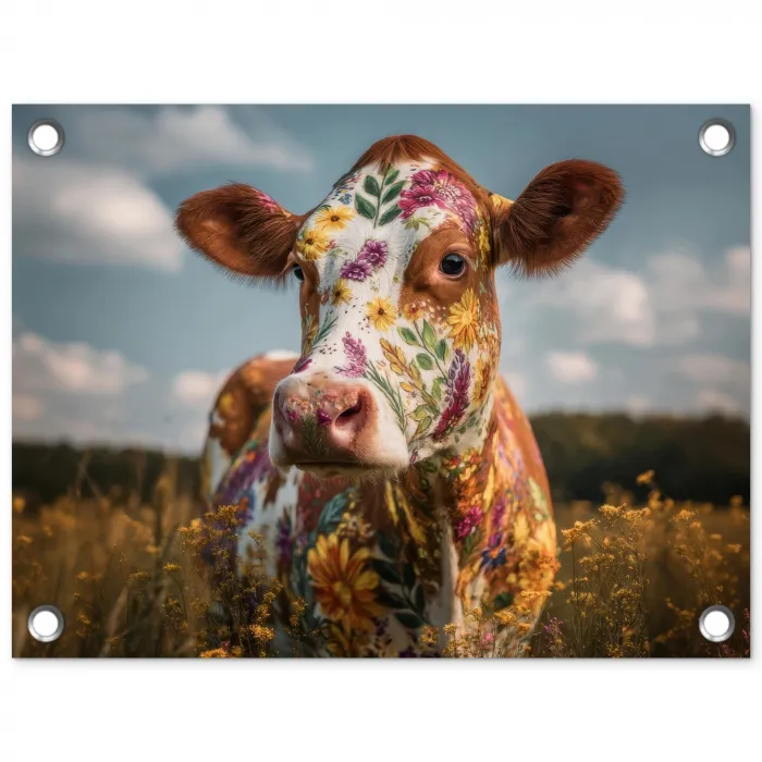Koe - Bloemen - Weiland tuinposter los doek klein -3d