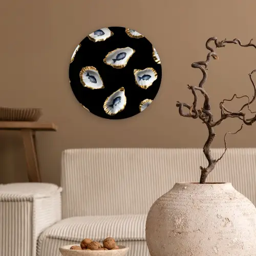 Oesters - Vissen - Blauw - Goud Wandcirkel kunststof plaat 5mm dik klein -sfeer1