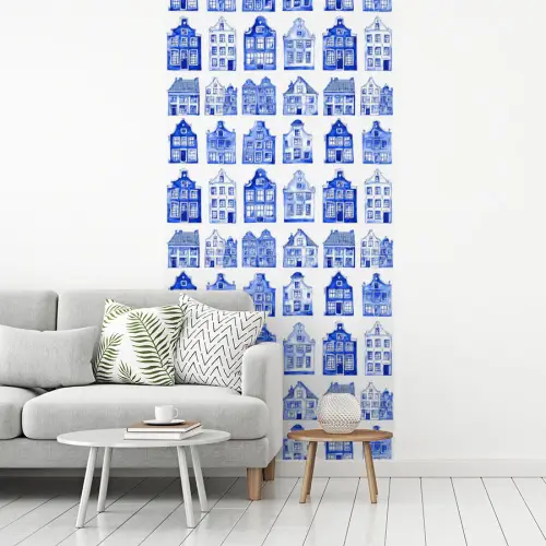 Patroon - Huizen - Blauw fotobehang vinyl groot 64 -woonkamer