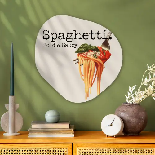 Spaghetti - tomatensaus - Parmezaanse kaas Wandcirkel Organisch Aluminium middel -sfeer2