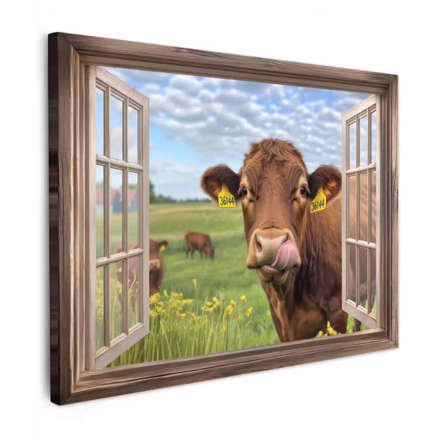 Canvas schilderij - Doorkijk - Koe - Weiland - Landschap - Dieren