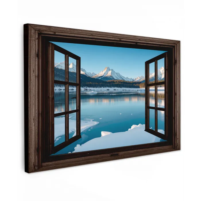 Doorkijk - Winterlandschap - Meer - Bergen - Uitzicht Tuinposter op houten frame 2 cm dik klein -3d