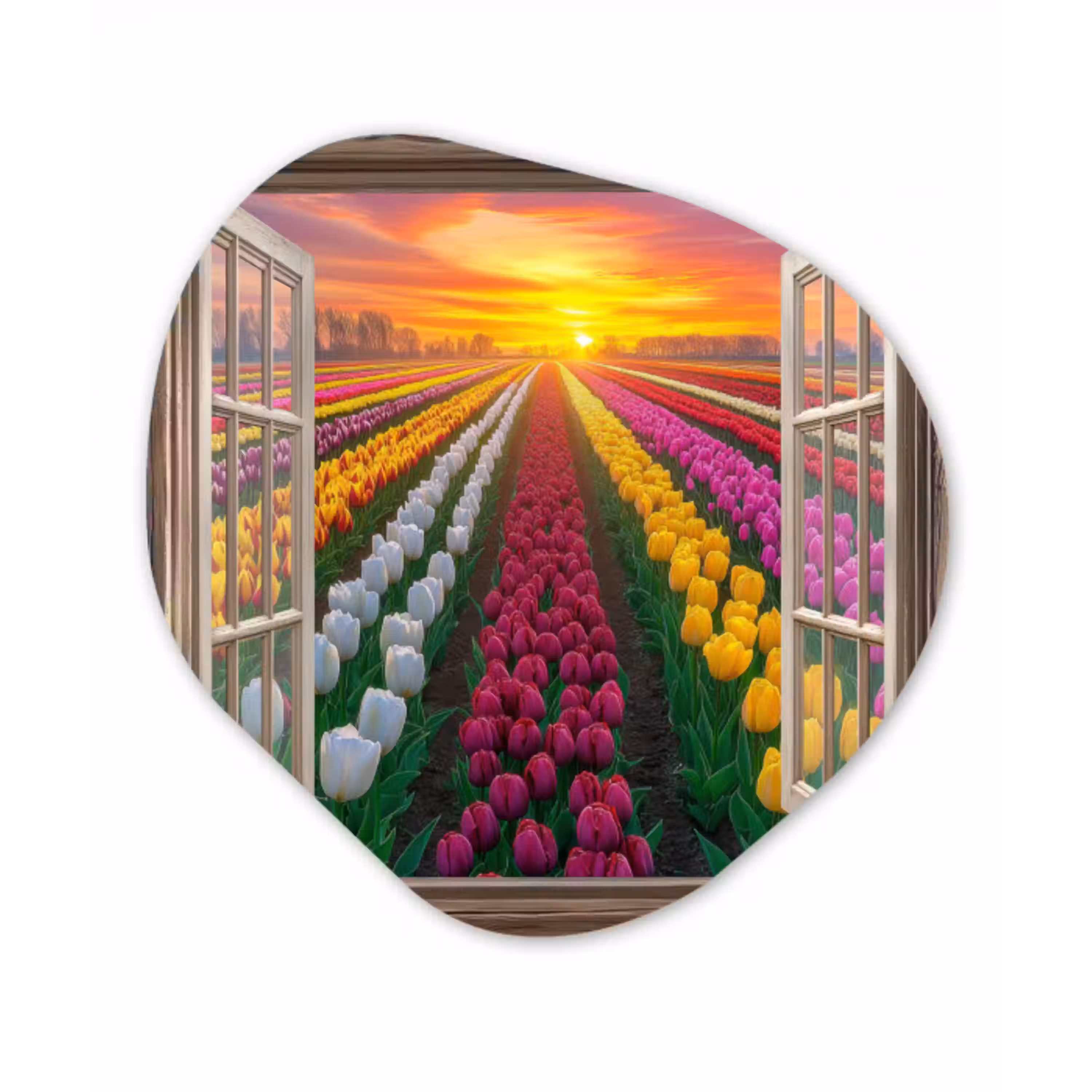 Doorkijk - Bloemen - Tulpen - Kleurrijk - Zonsondergang Wandcirkel Organisch Aluminium middel -3d