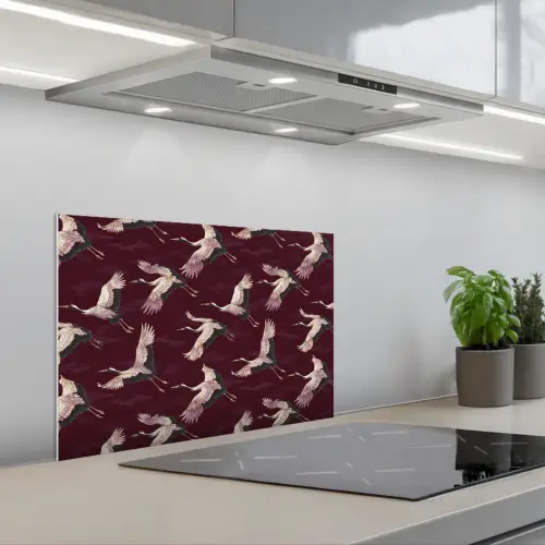 Kraanvogels - Klassiek - Bordeaux keuken achterwand spatscherm klein 900 -3d_schuin