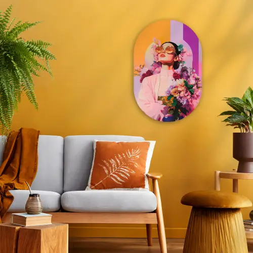 Portret - Vrouw - Abstract - Bloemen Wandcirkel Ovaal Forex klein -sfeer4