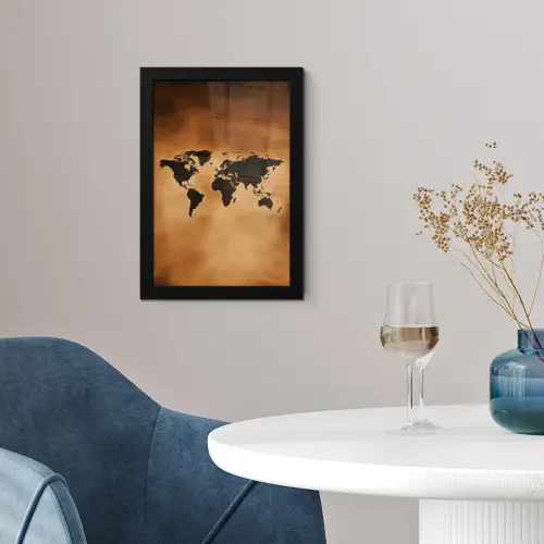 Wereldkaart - Bruin - Kaart fotolijst zwart zonder passe partout klein -sfeer4