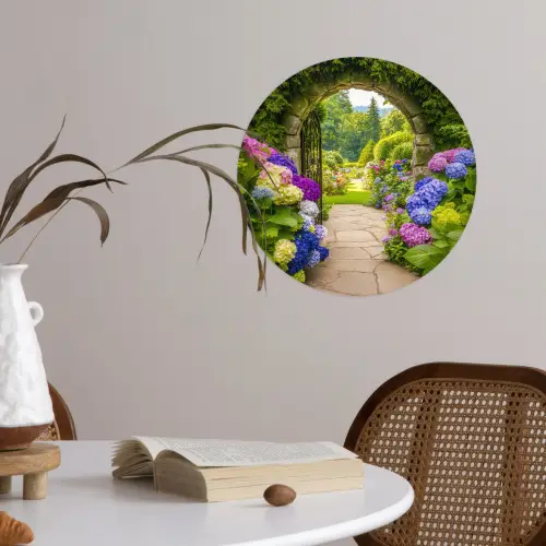Doorkijk - Poort - Hortensia - Bloementuin Wandcirkel behangsticker klein -sfeer3