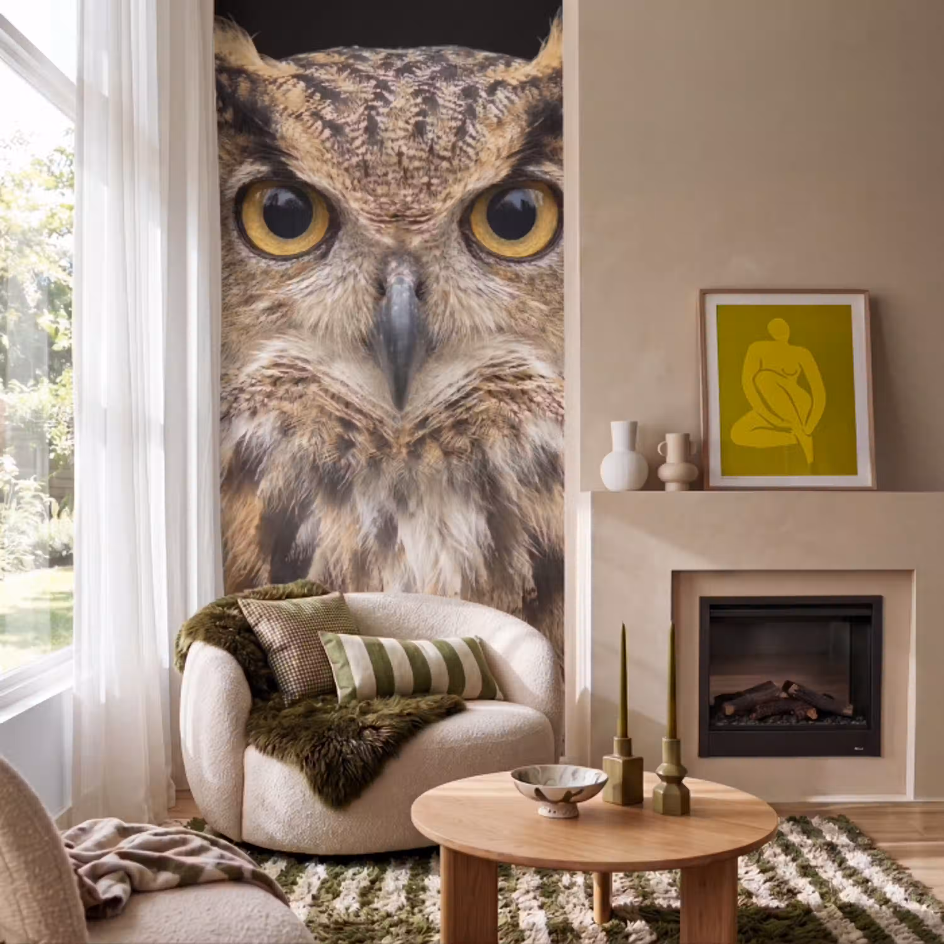 Oehoe - Uil - Portret - Bruin Behang Vlies klein -sfeer2