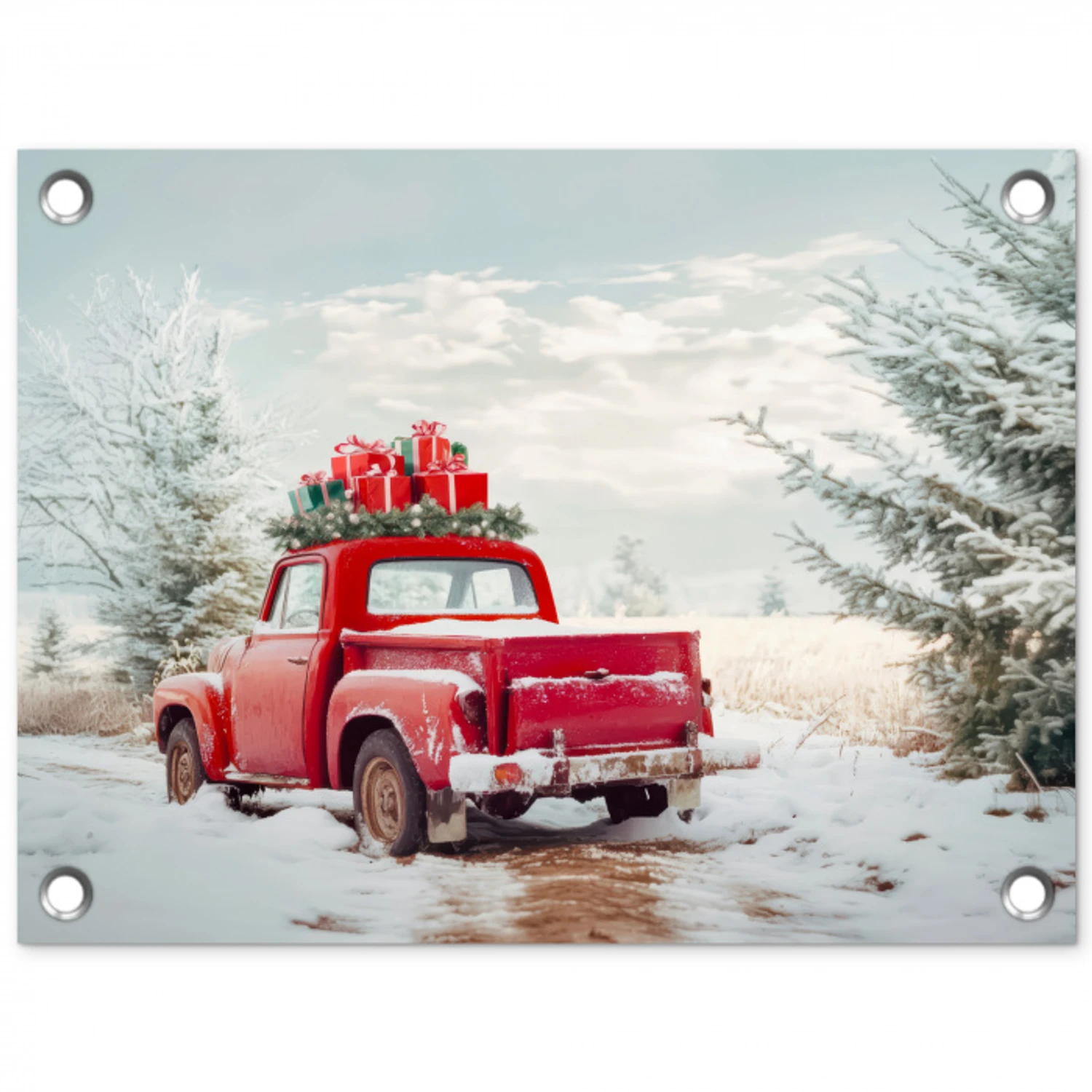 Auto - Rood - Cadeaus - Winter - Sneeuw - Kerst tuinposter los doek klein -3d