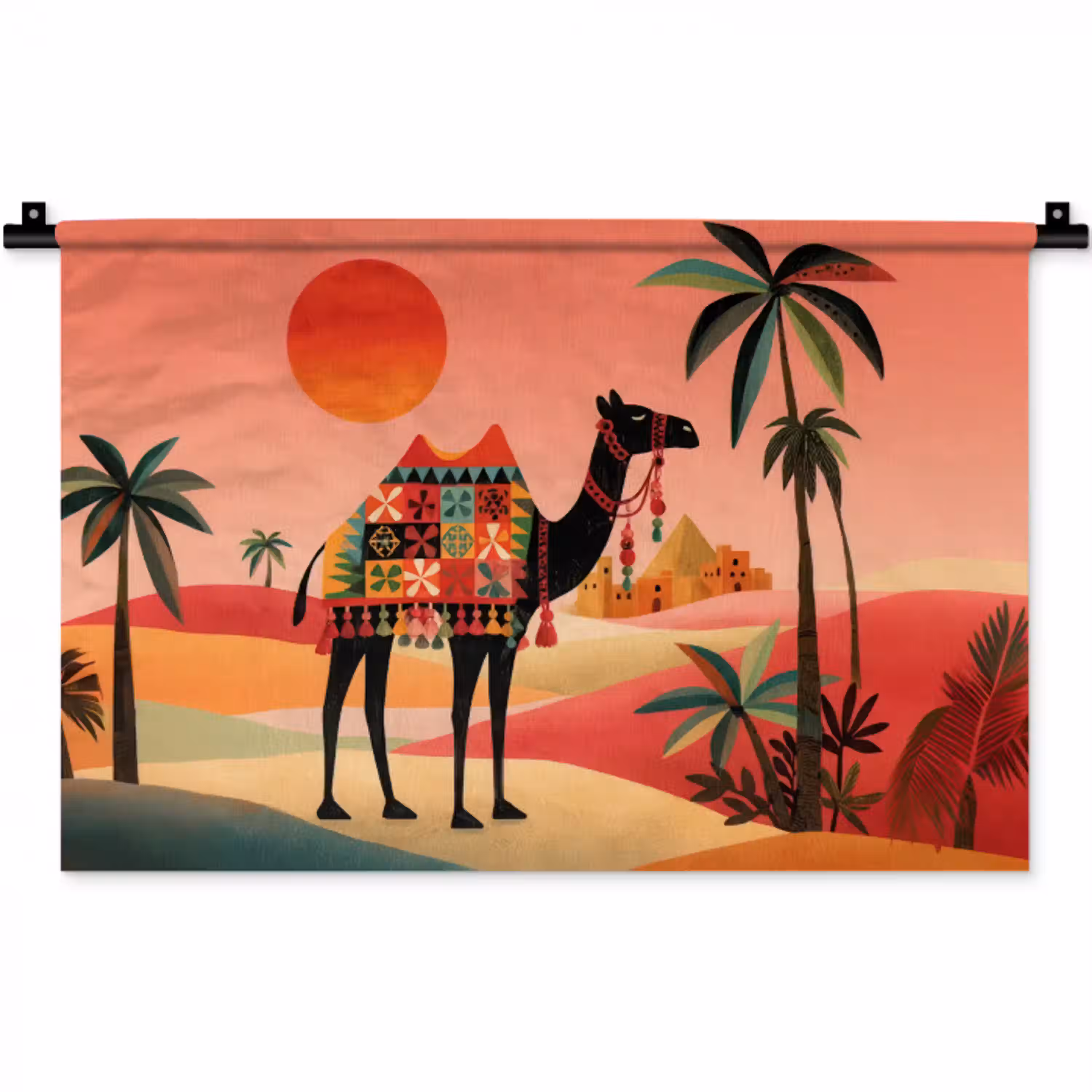 Kameel - Gekleurd tapijt - Duinen - Rode zon Wandkleed katoen klein -zz3d