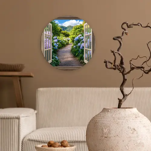 Doorkijk - Hortensia - Pad - Natuur Wandcirkel kunststof plaat 5mm dik klein -sfeer1