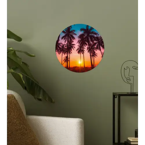 Palmboom - Zonsondergang - Horizon - Strand - Oranje - Roze Wandcirkel behangsticker klein -sfeer2