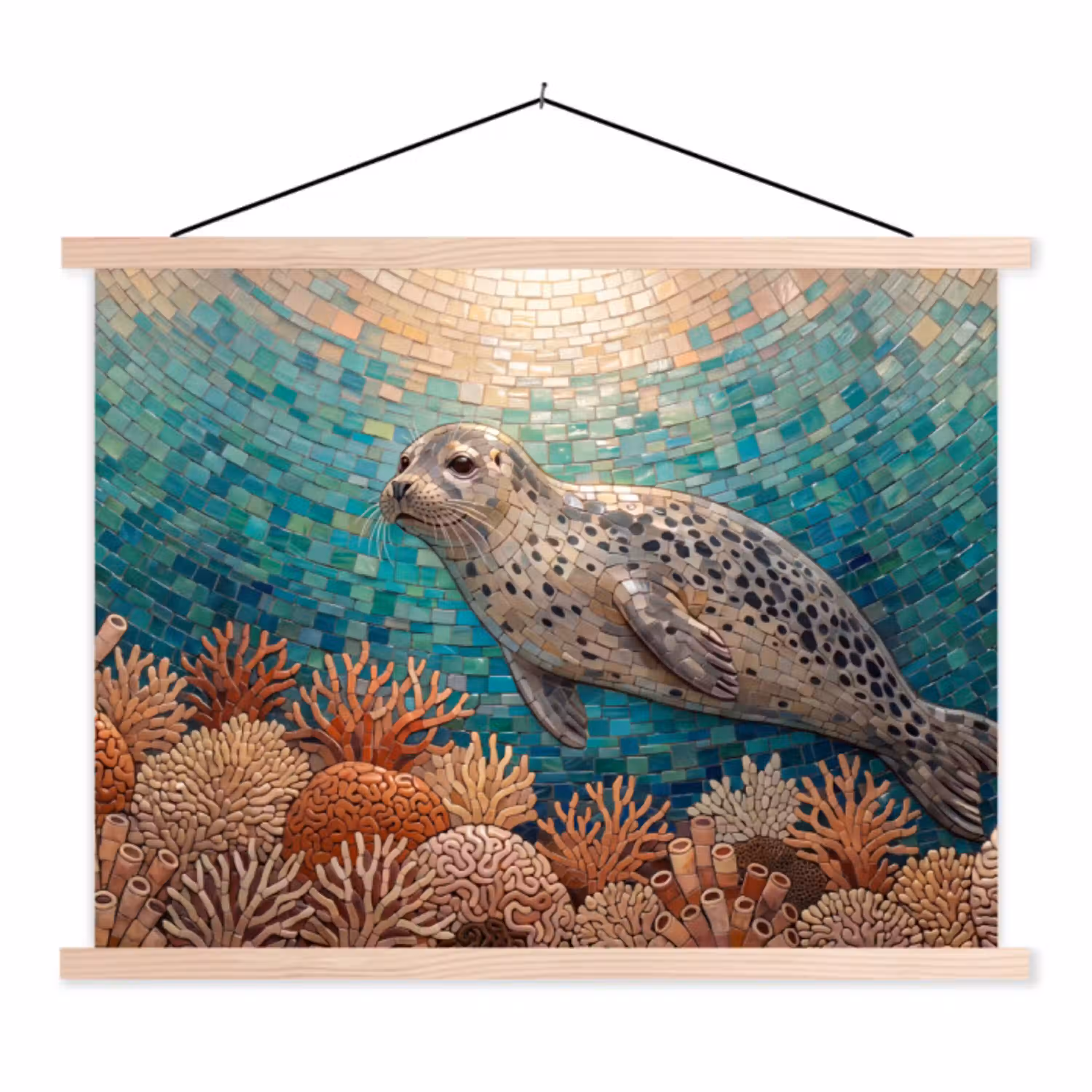Zeehond - Mozaïek - Onderwater - Dieren - Blauw textielposter latten blank klein -3d