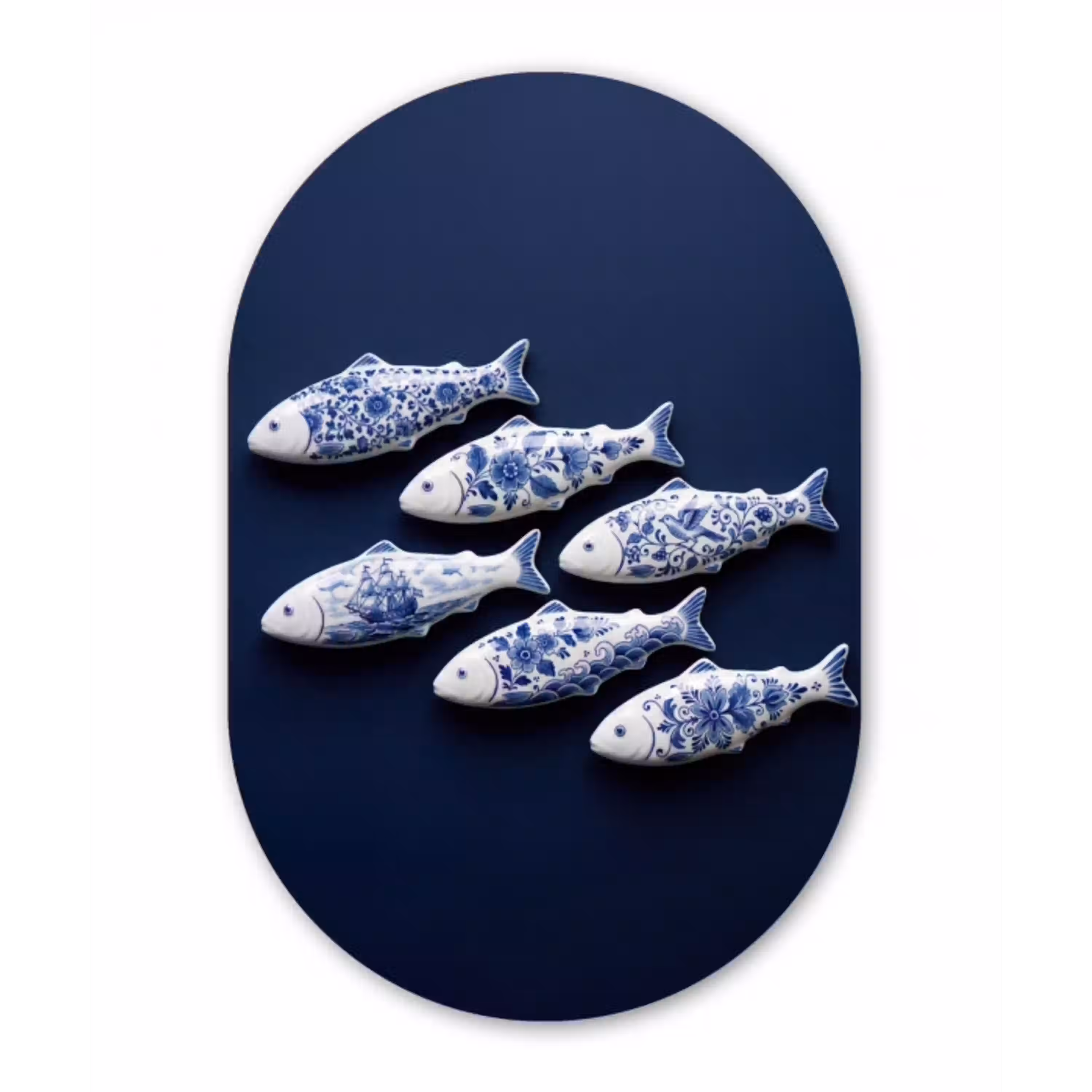 Vissen - Delfts - Blauw - Keramiek Wandcirkel Ovaal Aluminium middel -3d